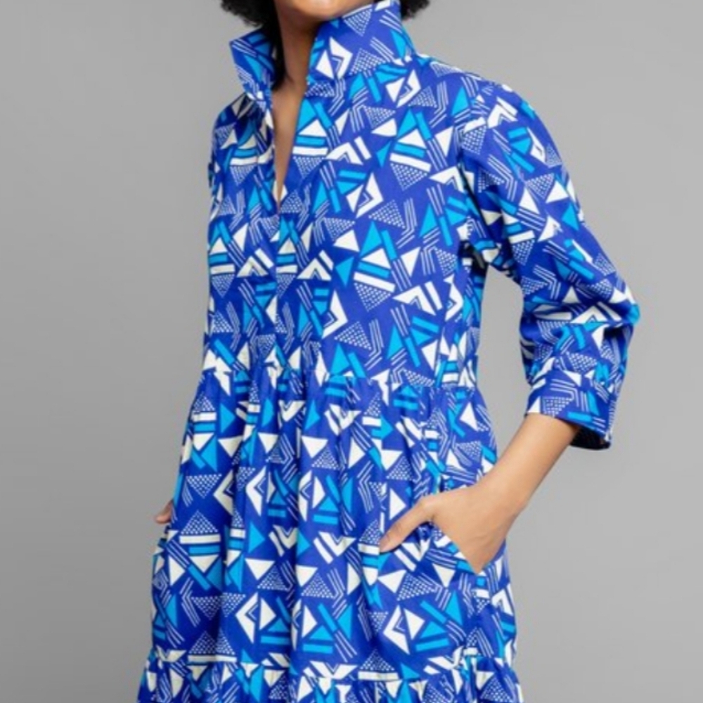 The Oula Co Midi Dress 100% Cotton Resortwear Geometric Lightweight Quiet Luxury - Picture 2 of 11